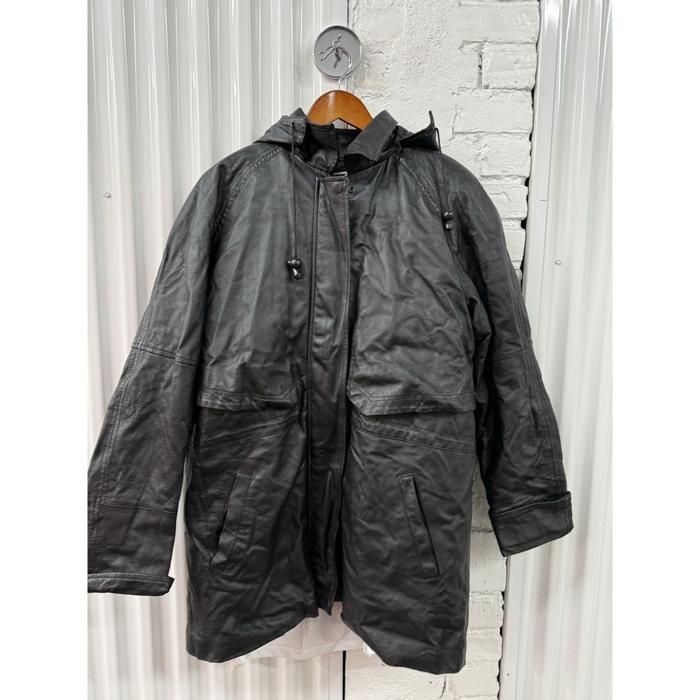 Phase Two Mens Leather Jacket Black Detachable Hooded Long Coat Sz XL